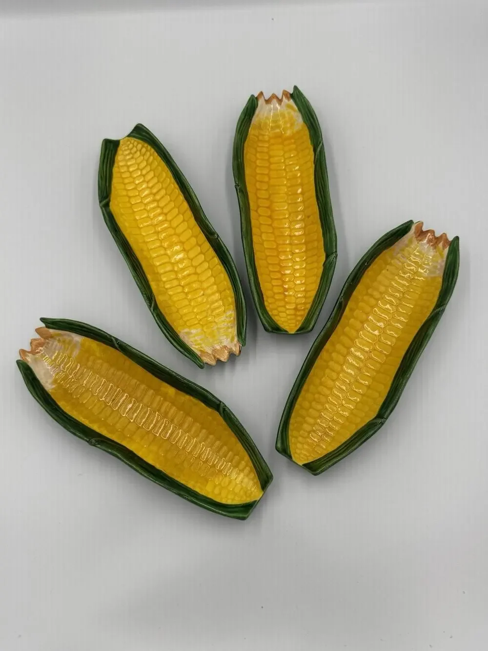 Lot of 4 Vintage 60s Yellow + Green Ceramic Corn Cob Serving Dishes Serveware